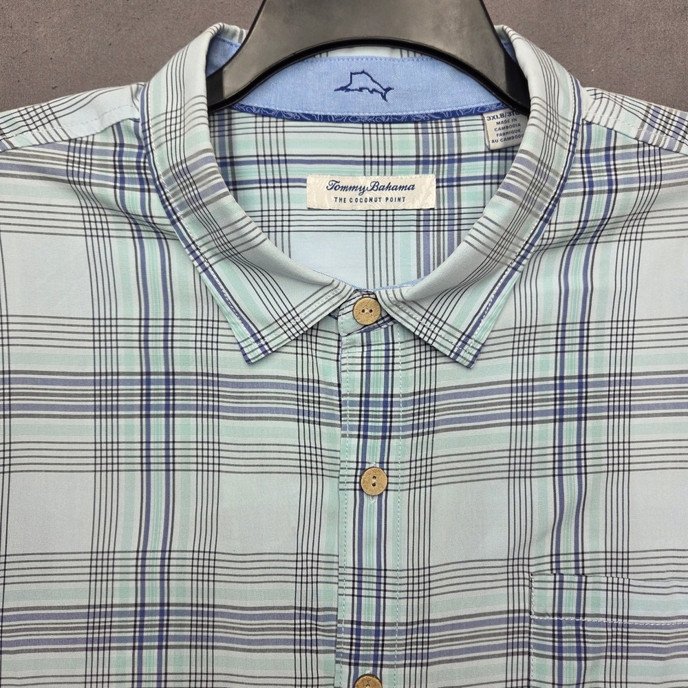 Tommy Bahama Shirt Mens 3XL Big 3XB Coconut Point IslandZone Mint Plaid Camp